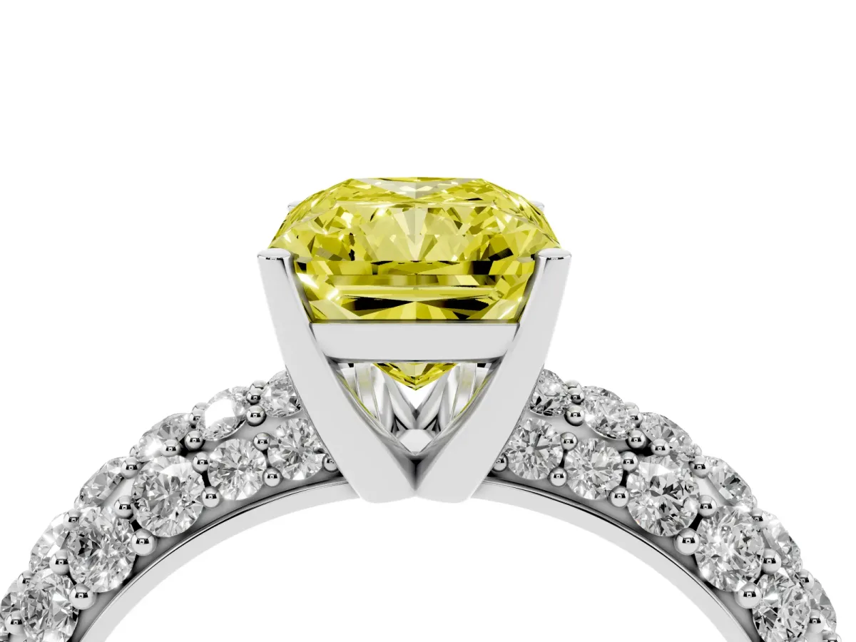 Fancy Yellow Radiant Cut Diamond Pavé Band Solitaire Ring with Four-Prong Setting Silver