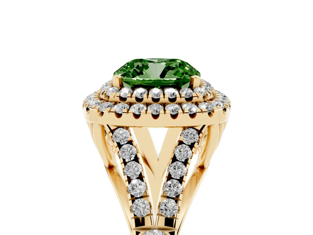 Fancy Green Cushion Cut Diamond Pavé Split Shank Double Halo Engagement Ring Yellow gold