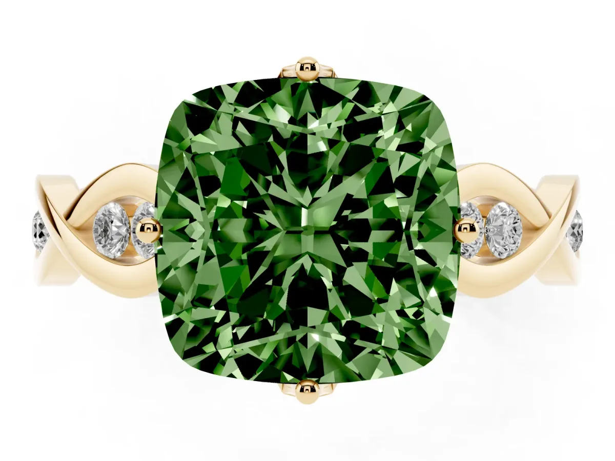 Fancy Green Cushion Cut Solitaire Twist Band with Leaf Prong Setting Yellow gold
