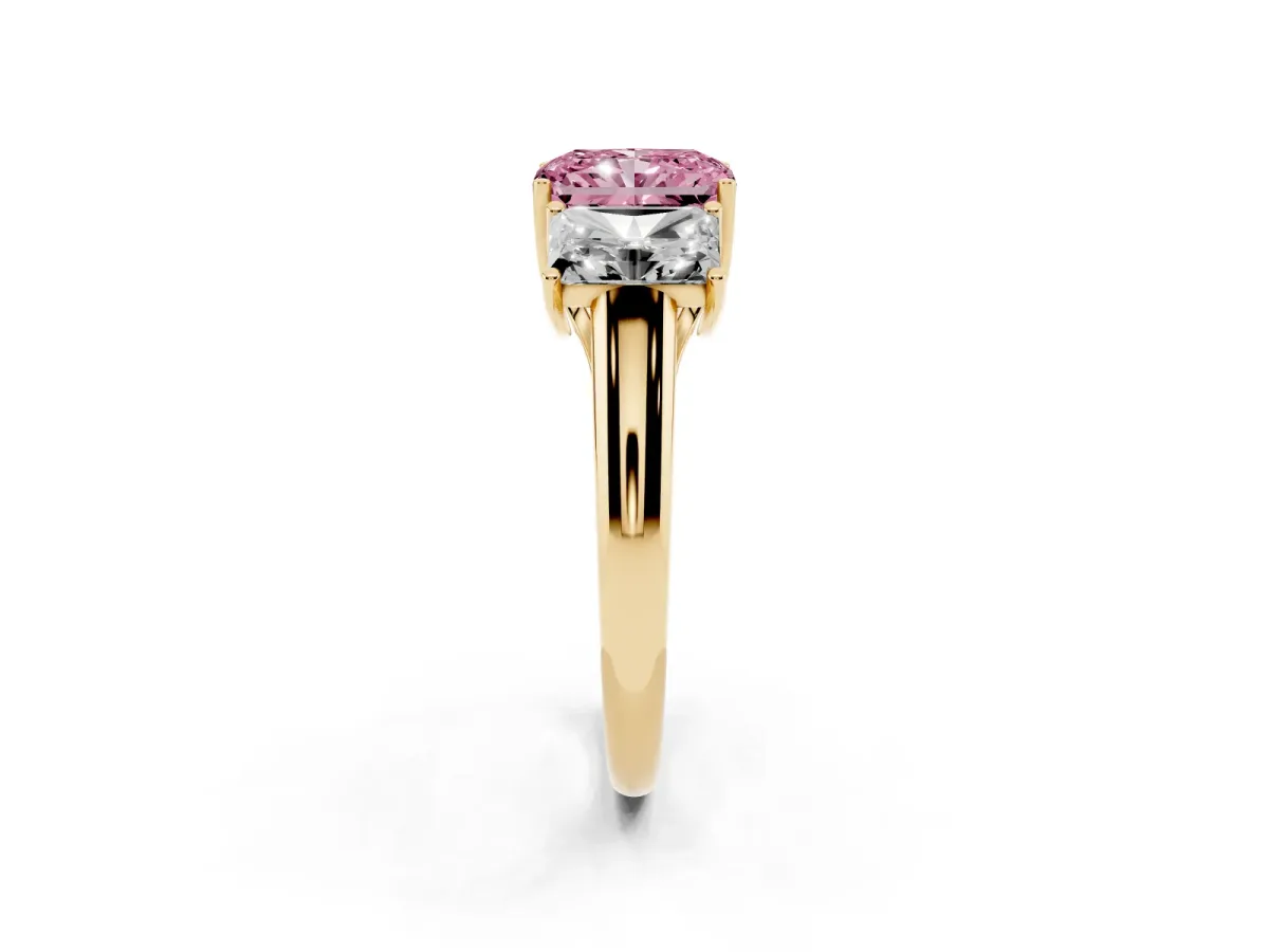 Fancy Pink Three-Stone Radiant Cut Diamond Engagement Ring with Prong Setting Yellow gold