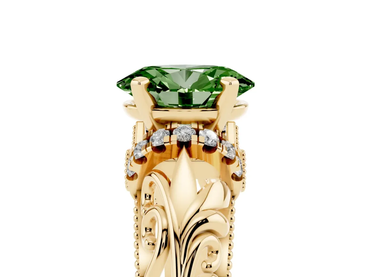 Fancy Green Oval Cut Solitaire Filigree Engagement Ring with Halo and Prong Setting Yellow gold