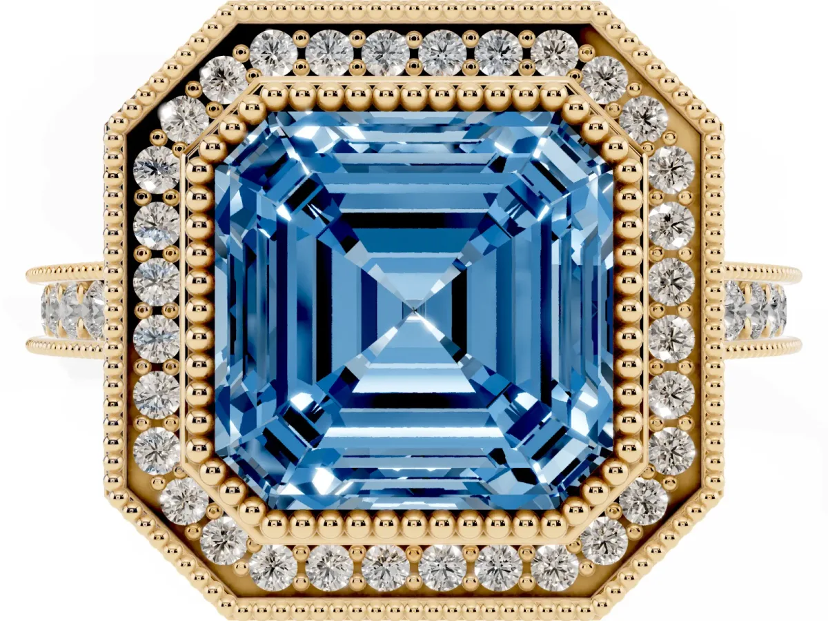 Fancy Blue Halo Asscher Cut-Cut Diamond Pave Band Milgrain Prong Setting Ring Yellow gold
