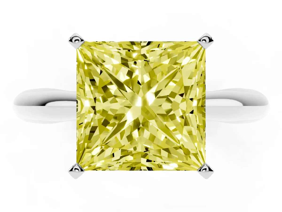 Fancy Yellow Princess Cut Diamond Solitaire Engagement Ring with Cathedral Setting and Four-Prong Mount Silver