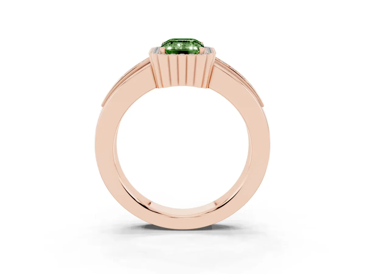 Fancy Green Emerald Cut Cut Halo Pave Band Four-Prong Ring Rose gold