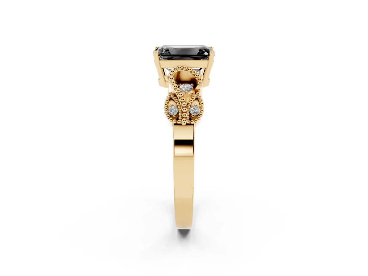 Fancy Black Emerald Cut Solitaire Milgrain Leaf Band with Prong Setting Yellow gold