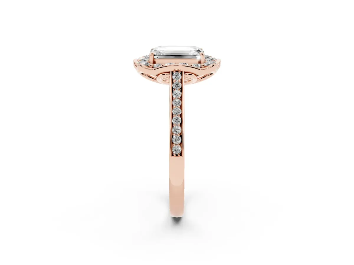 Emerald Cut Halo Round Diamond Pave Band with Four-Prong Setting Rose gold