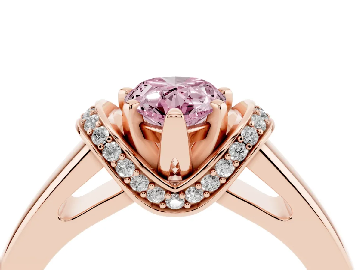 Fancy Pink Pear Cut Solitaire Diamond Ring with Pave Band and Six-Prong Setting Rose gold