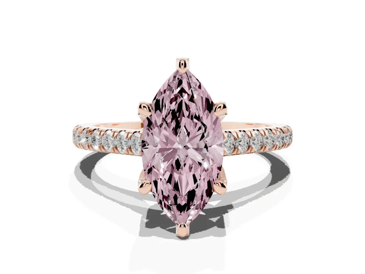 Fancy Pink Marquise Cut Brilliant Diamond Solitaire with Pavé Band and Four-Prong Setting Rose gold