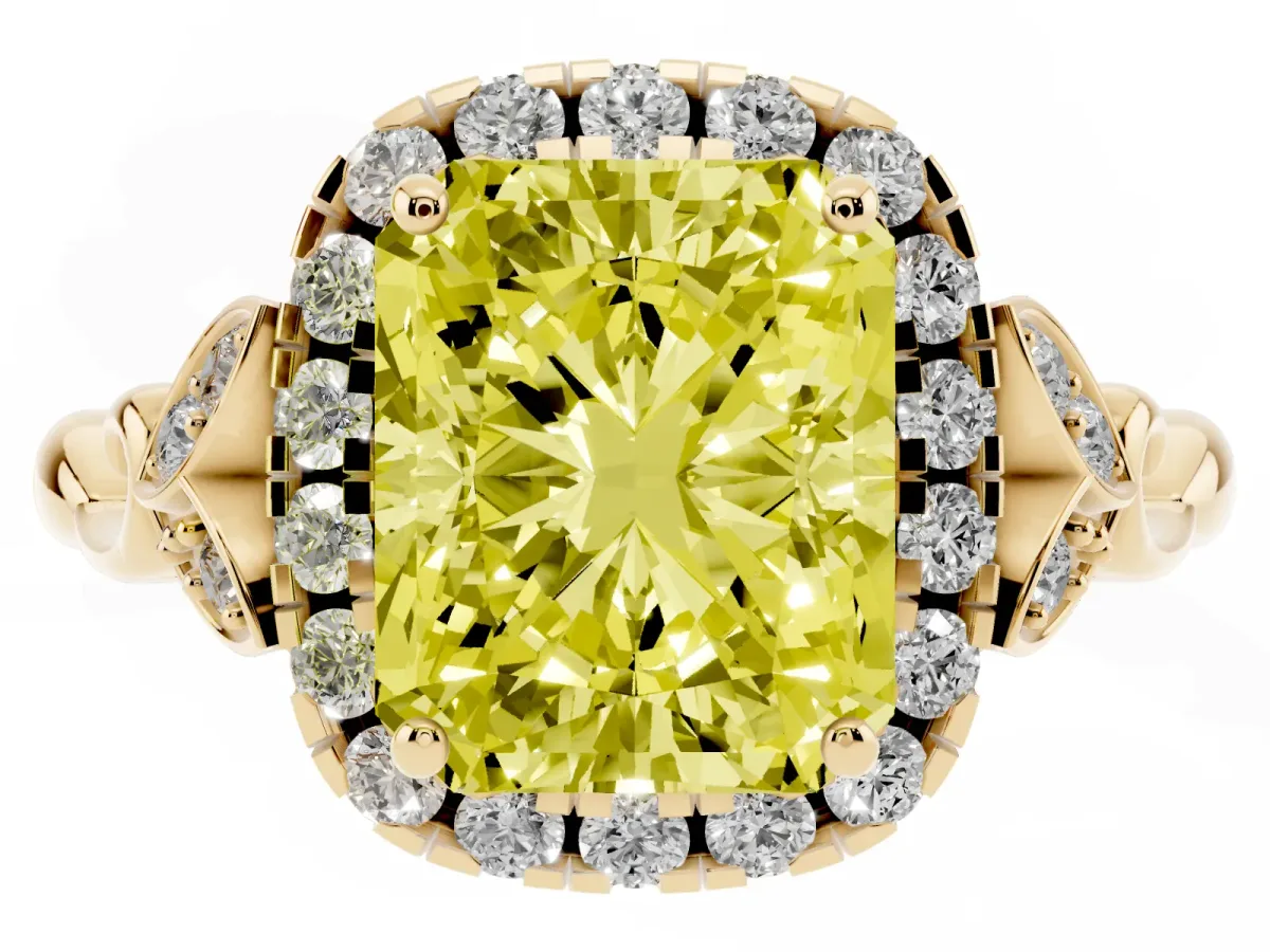 Fancy Yellow Radiant Cut Halo Diamond Engagement Ring with Vintage-Inspired Band and Four-Prong Setting Yellow gold
