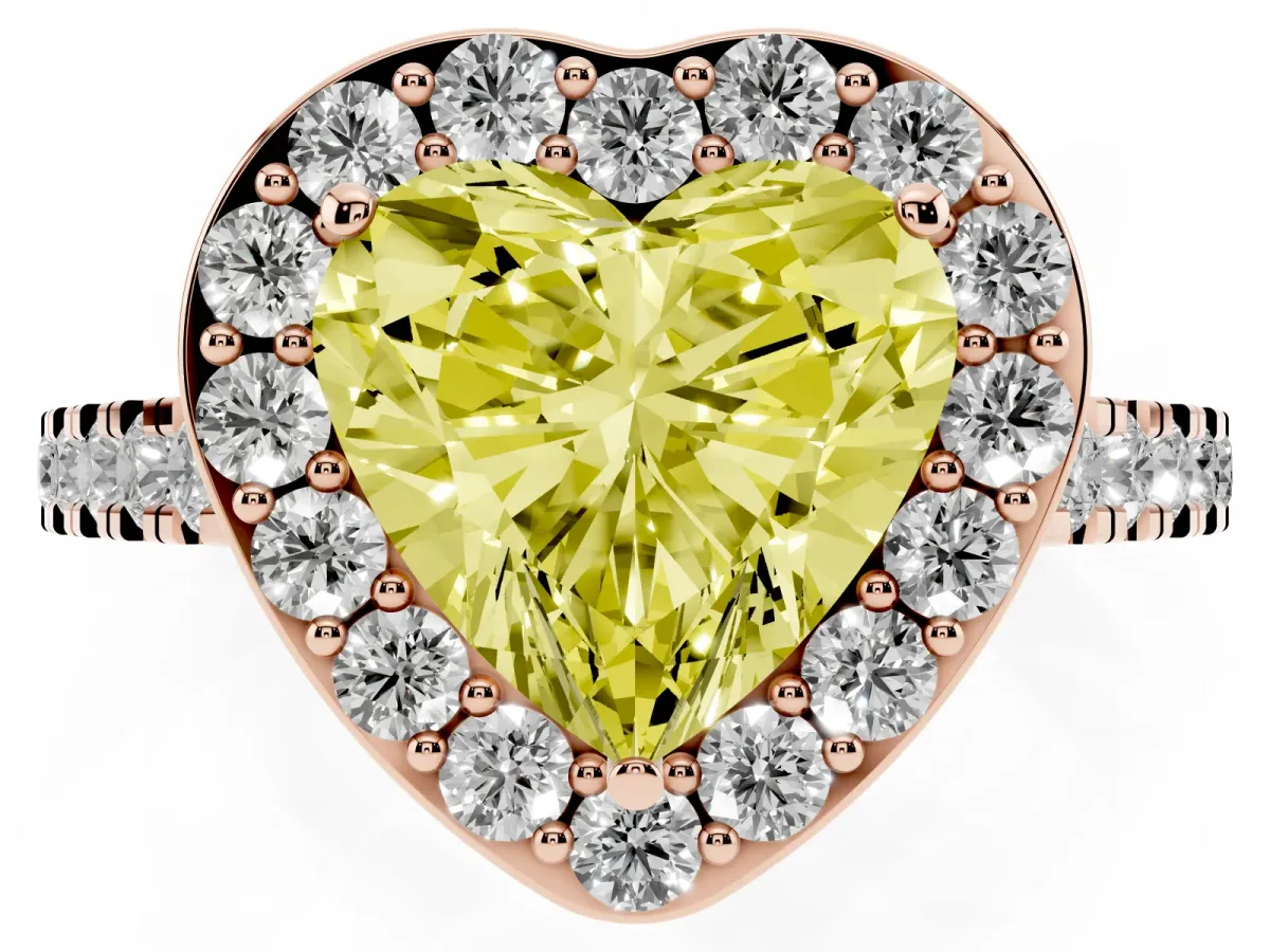 Fancy Yellow Heart Cut Diamond Halo Ring with Round Pavé Split Shank and Prong Setting Rose gold