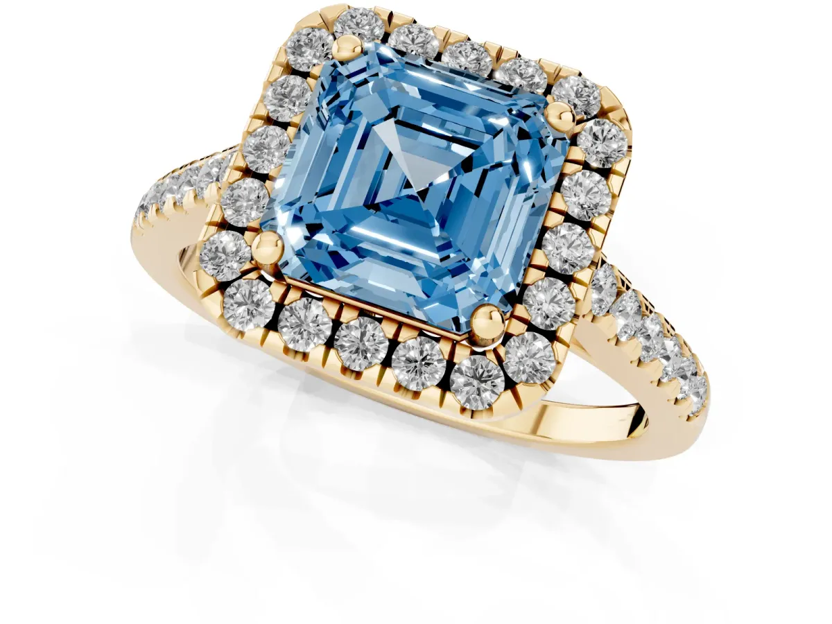 Fancy Blue Asscher Cut Halo Pavé Diamond Engagement Ring with Four-Prong Setting Yellow gold