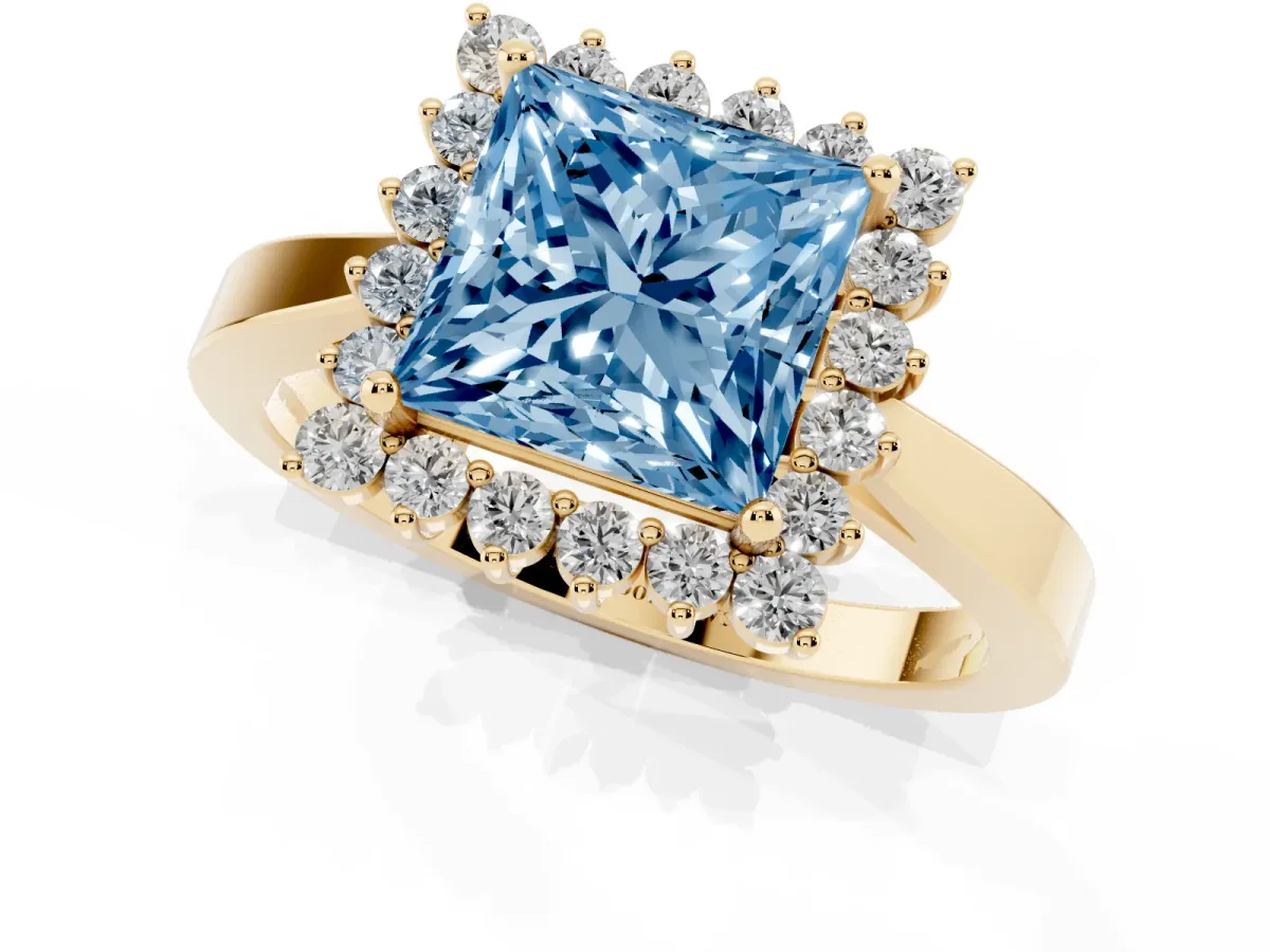 Fancy Blue Princess Cut Cut Diamond Halo Ring with Round Brilliant Halo and Solitaire Band Yellow gold