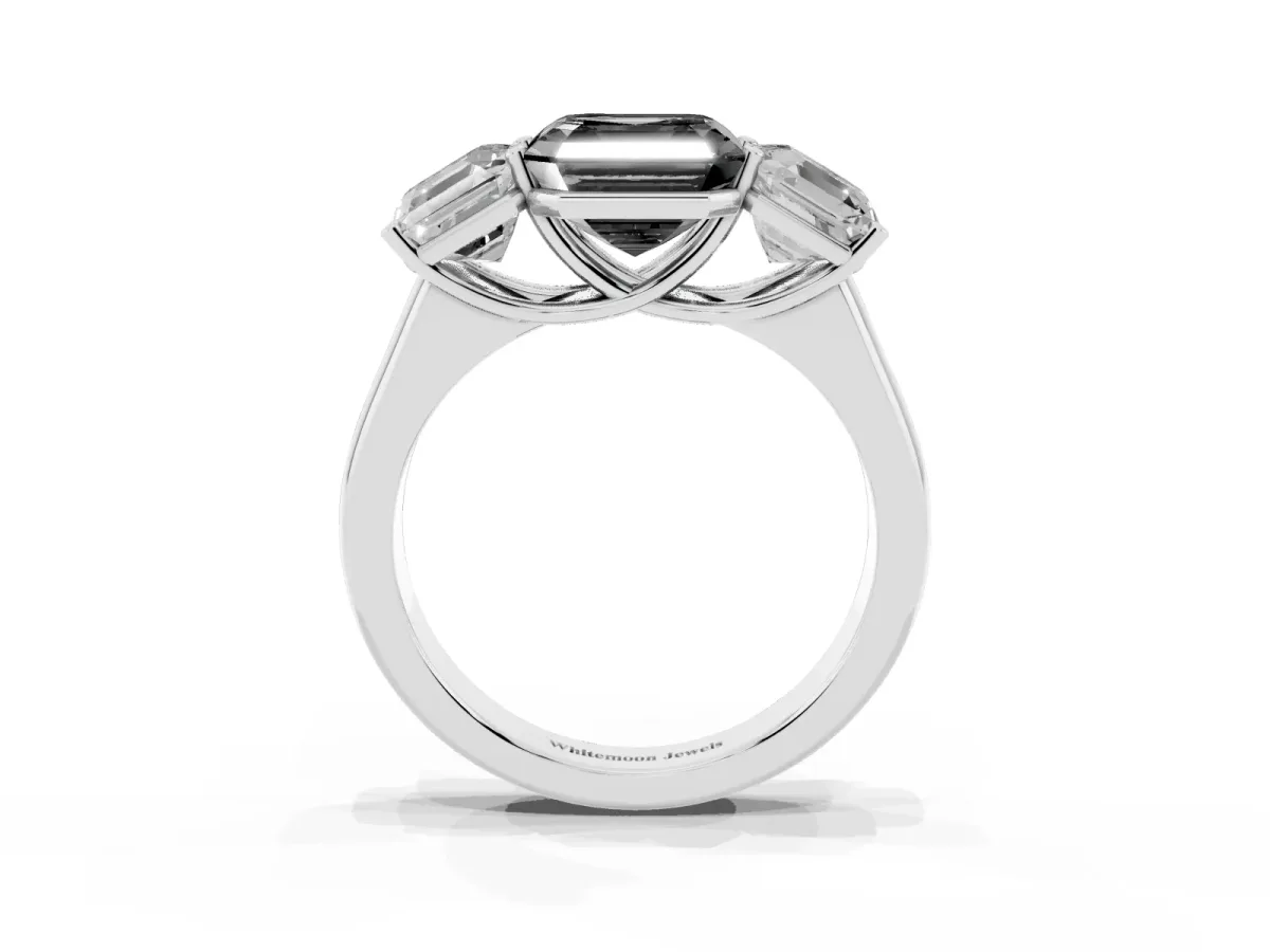 Fancy Black Asscher Cut Three-Stone Diamond Ring with Prong Setting on a Classic Band Platinum