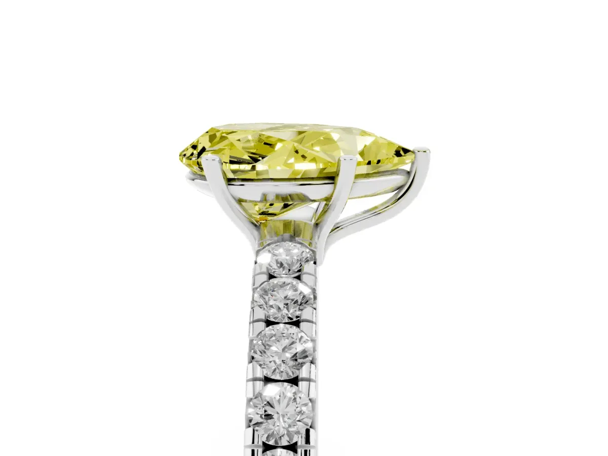 Fancy Yellow Pear Cut Diamond Pavé Solitaire Engagement Ring with Four-Prong Setting Platinum