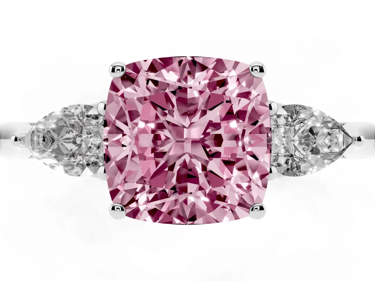 Fancy Pink Cushion Cut Diamond Three-Stone Ring with Pear Side Stones and Prong Setting Silver