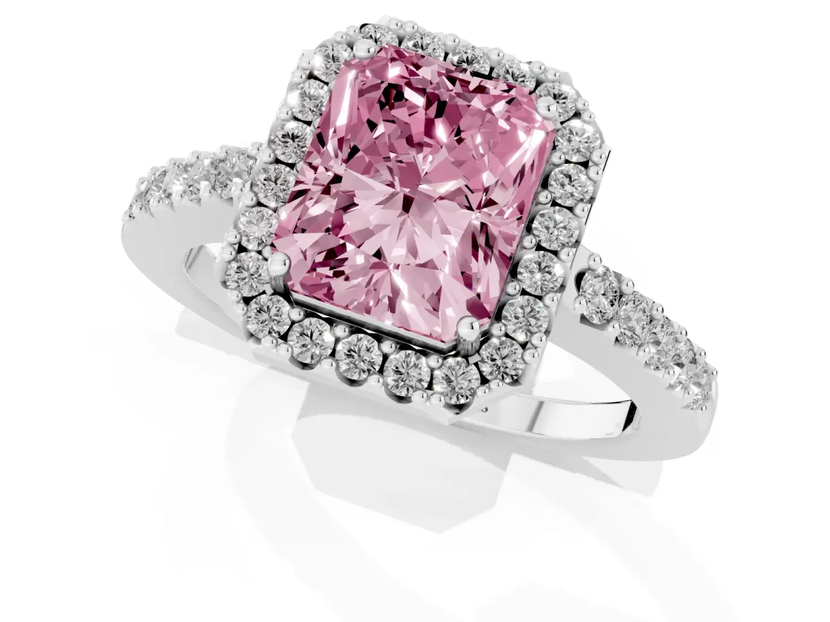 Fancy Pink Radiant Cut Halo Diamond Pavé Solitaire Ring Platinum