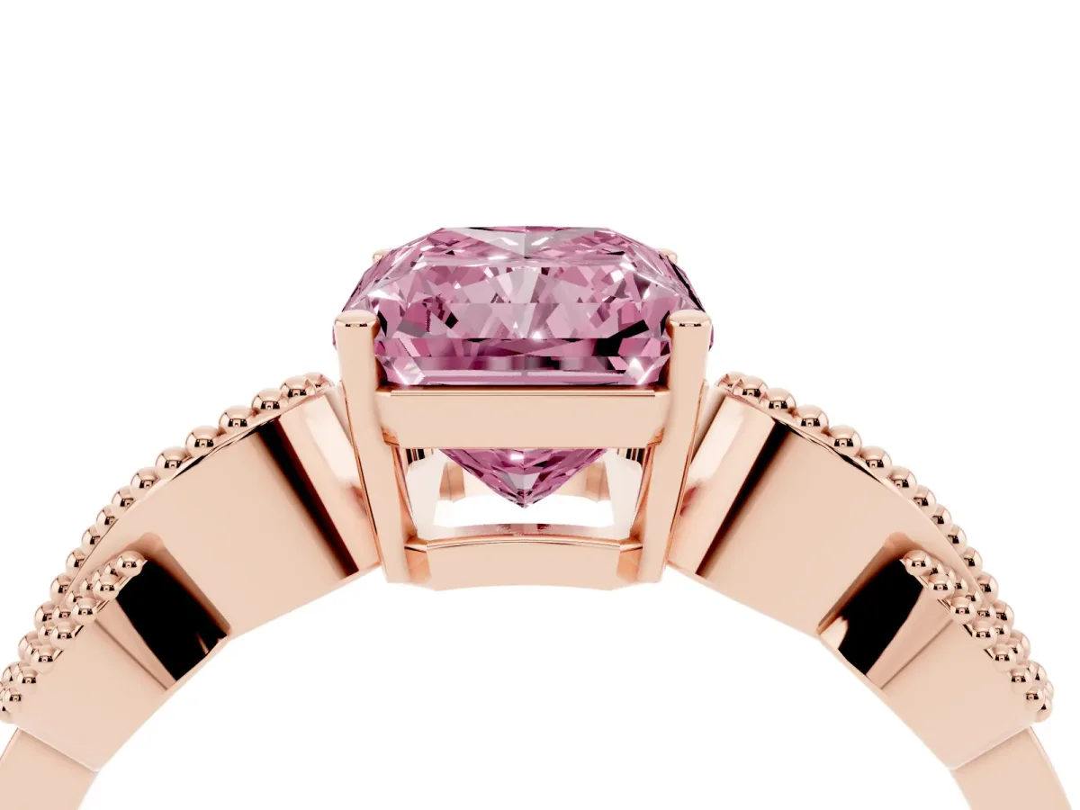 Fancy Pink Radiant Cut Solitaire Milgrain Leaf Band with Prong Setting Rose gold