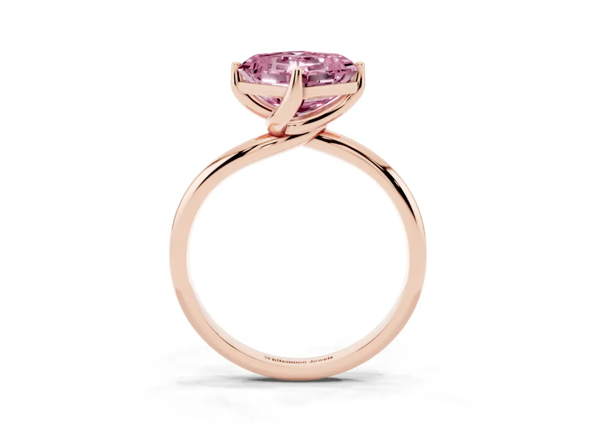 Fancy Pink Asscher Cut Diamond Solitaire Engagement Ring with Four-Prong Setting and Classic Band Rose gold