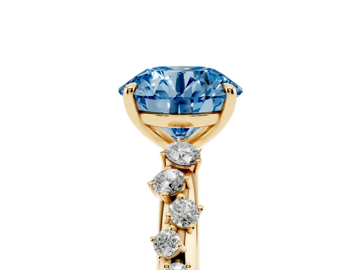 Fancy Blue Round Cut Diamond Cluster Prong-Set Solitaire Ring Yellow gold