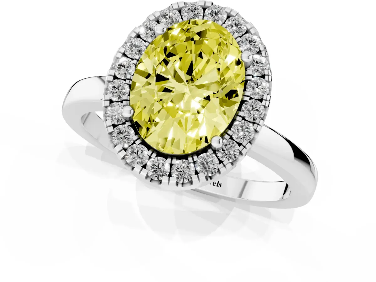 Fancy Yellow Oval Cut Halo Diamond Solitaire with Pavé Band and Four-Prong Setting Platinum