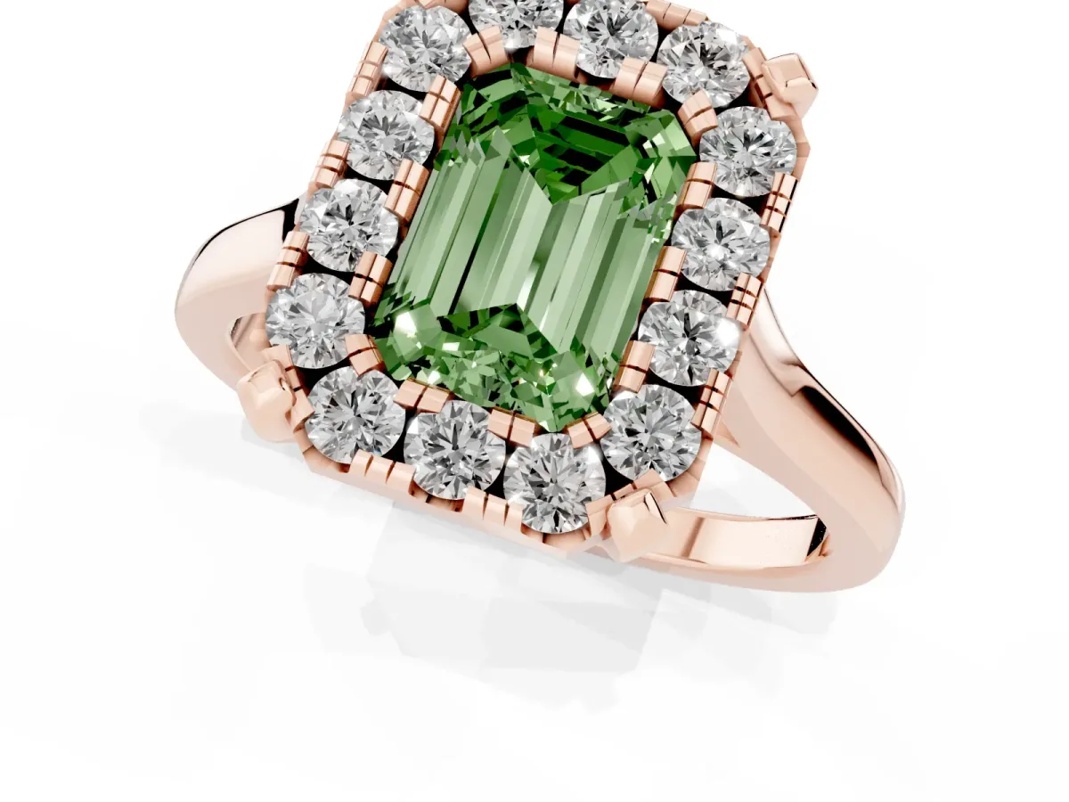 Fancy Green Emerald Cut Diamond Cluster Halo Solitaire with Four-Prong Setting Rose gold