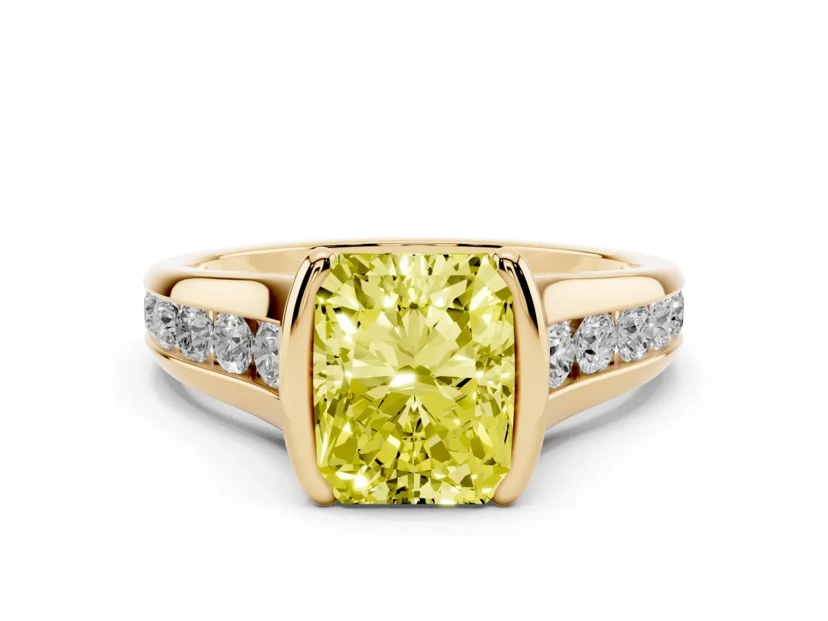 Fancy Yellow Radiant Cut Solitaire Bezel-Set Diamond Ring with Channel-Set Band Yellow gold