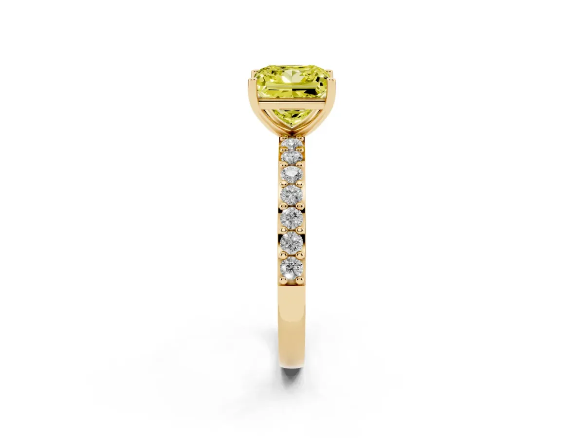 Fancy Yellow Princess Cut Cut Diamond Solitaire with Pave Band and Four-Prong Setting Yellow gold