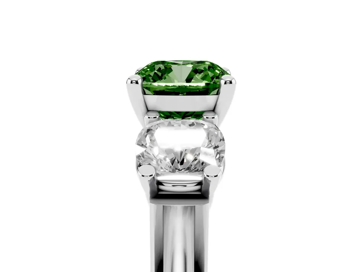 Fancy Green Three-Stone Cushion Cut Brilliant Diamond Trellis Ring with Comfort Fit Band Platinum