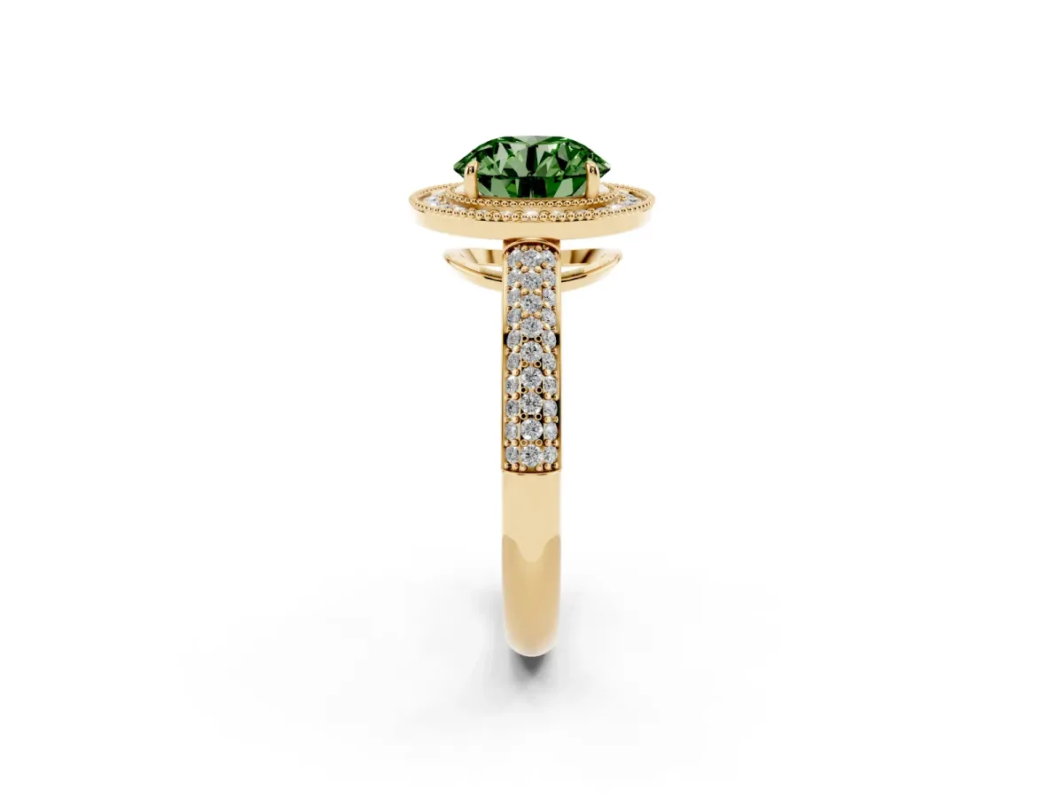 Fancy Green Round Cut Cut Halo Diamond Pave Band with Four-Prong Setting Yellow gold