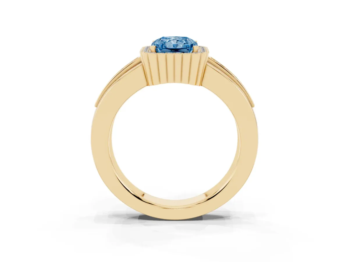 Fancy Blue Radiant Cut Cut Halo Pave Band Four-Prong Ring Yellow gold