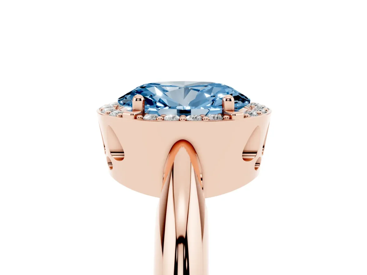 Fancy Blue Oval Cut Cut Diamond Halo Engagement Ring with Split Shank and Four-Prong Setting Rose gold