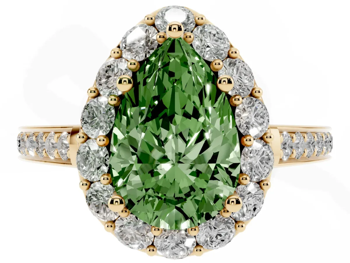 Fancy Green Pear Cut Diamond Floral Halo Ring with Pavé Band and Prong Setting Yellow gold