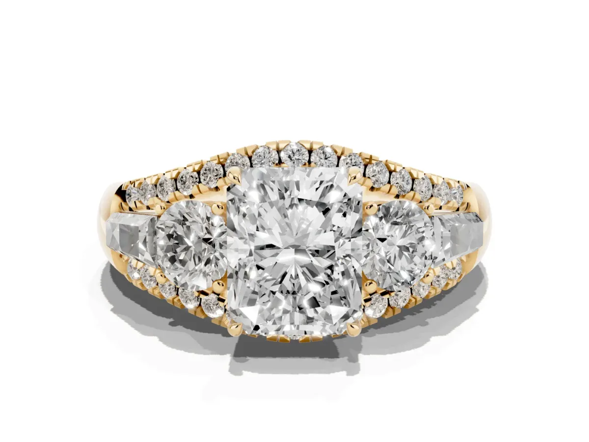 Three-Stone Radiant Cut Diamond Engagement Ring with Pave Band and Prong Setting Yellow gold