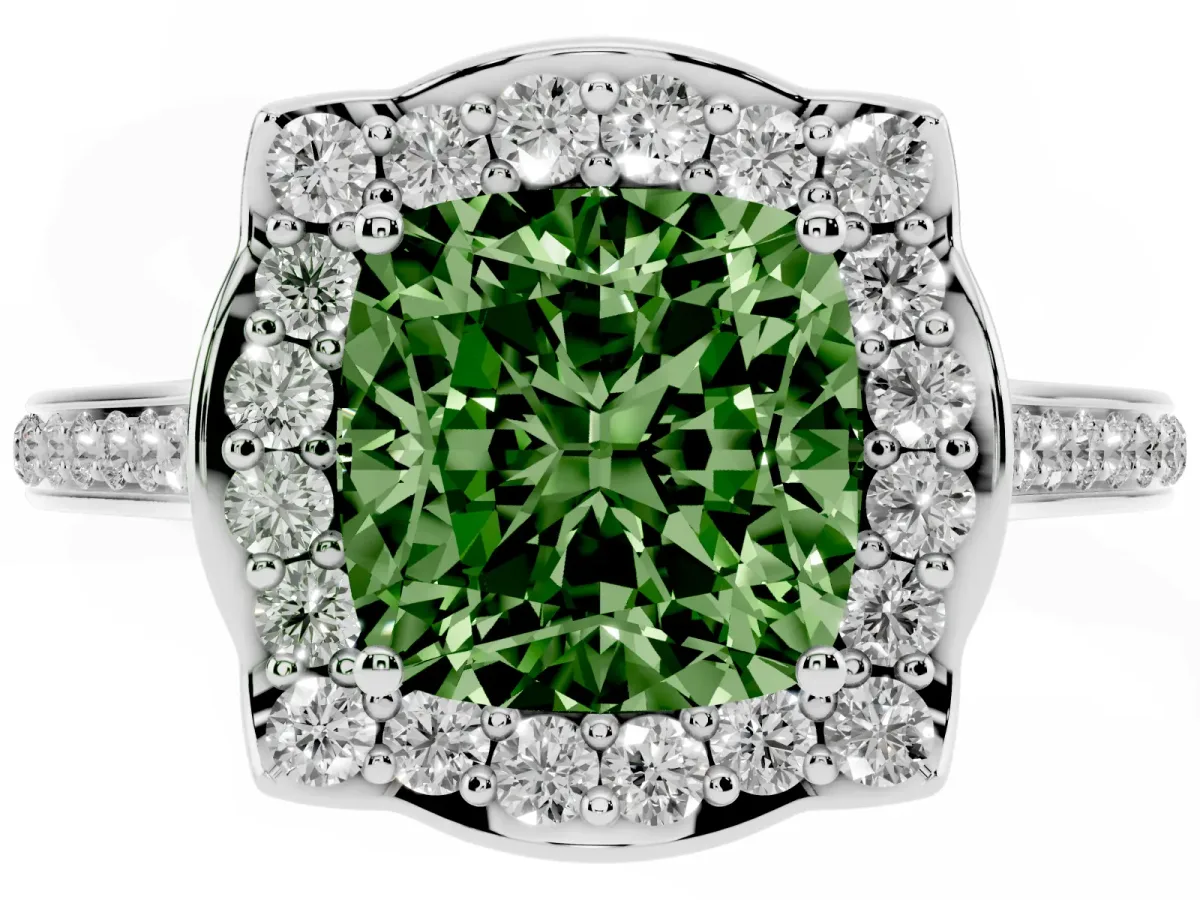 Fancy Green Cushion Cut Halo Round Diamond Pave Band with Four-Prong Setting Platinum