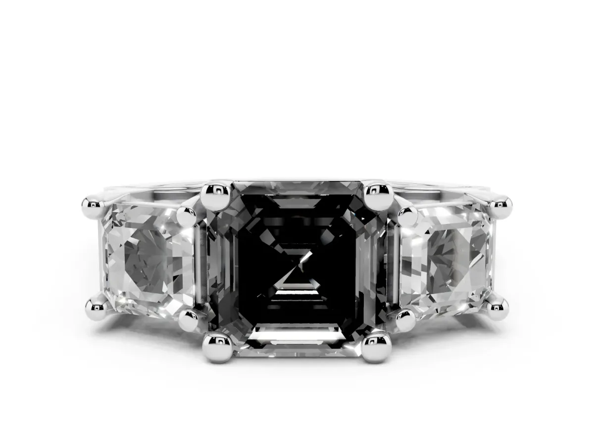 Fancy Black Asscher Cut Diamond Three-Stone Ring with Channel Set Band and Four-Prong Setting Silver
