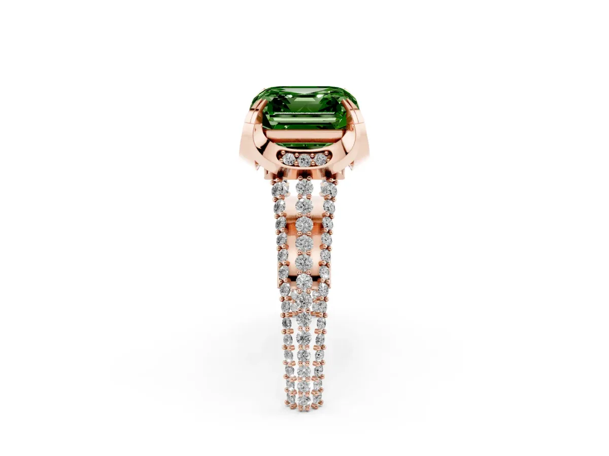 Fancy Green Asscher Cut Solitaire Pave Split Shank Ring with Four-Prong Setting Rose gold