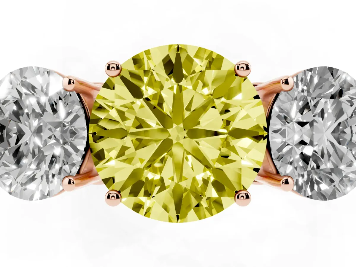 Fancy Yellow Round Cut Diamond Three-Stone Ring with Prong Setting and Textured Band Rose gold