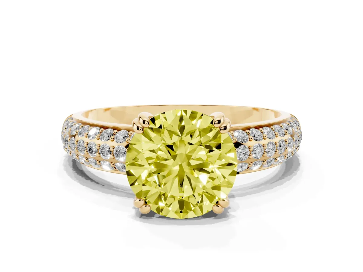 Fancy Yellow Round Cut Diamond Solitaire Ring with Multi-Row Round Pavé Band and Prong Setting Yellow gold