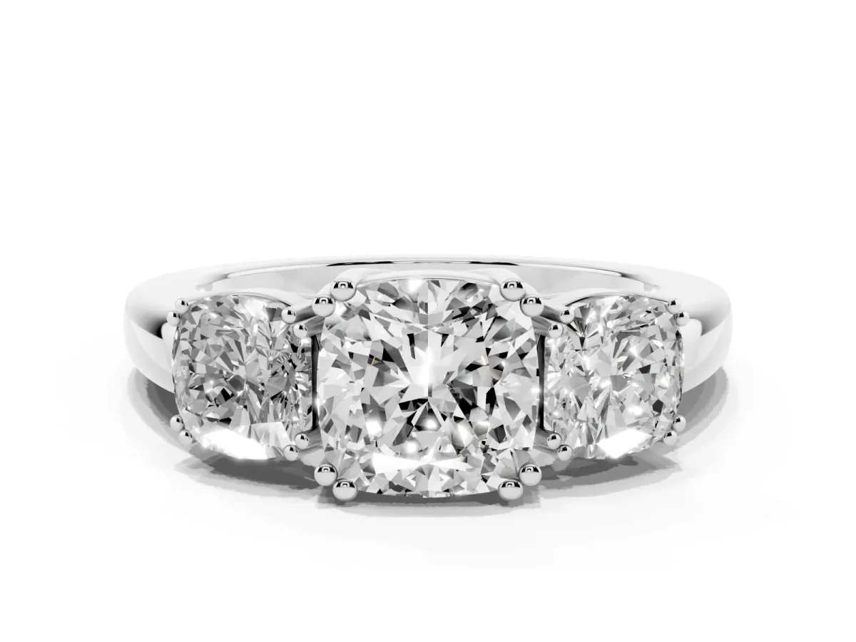 Three-Stone Cushion Cut Cut Diamond Ring with Channel Set Band and Four-Prong Setting Silver