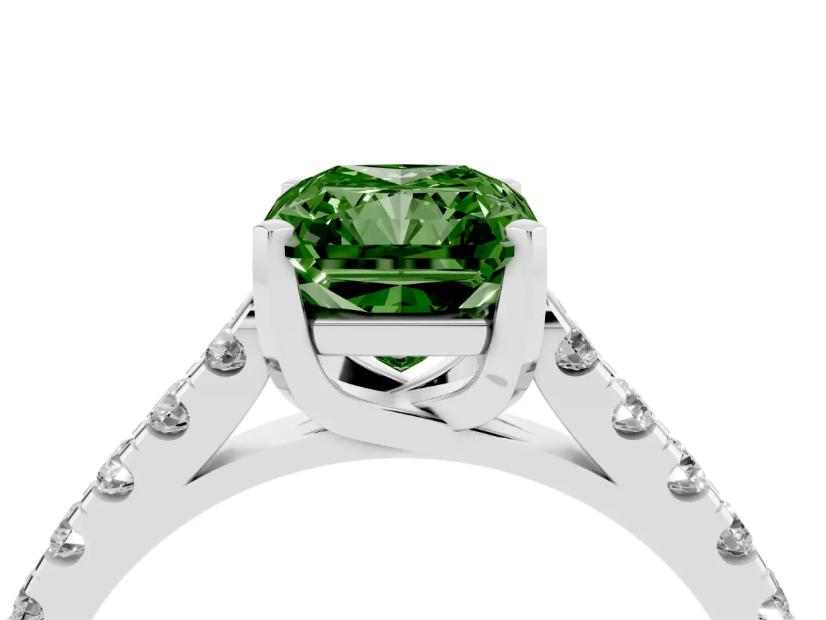 Fancy Green Radiant Cut Diamond Pavé Band Solitaire Ring with Prong Setting Silver