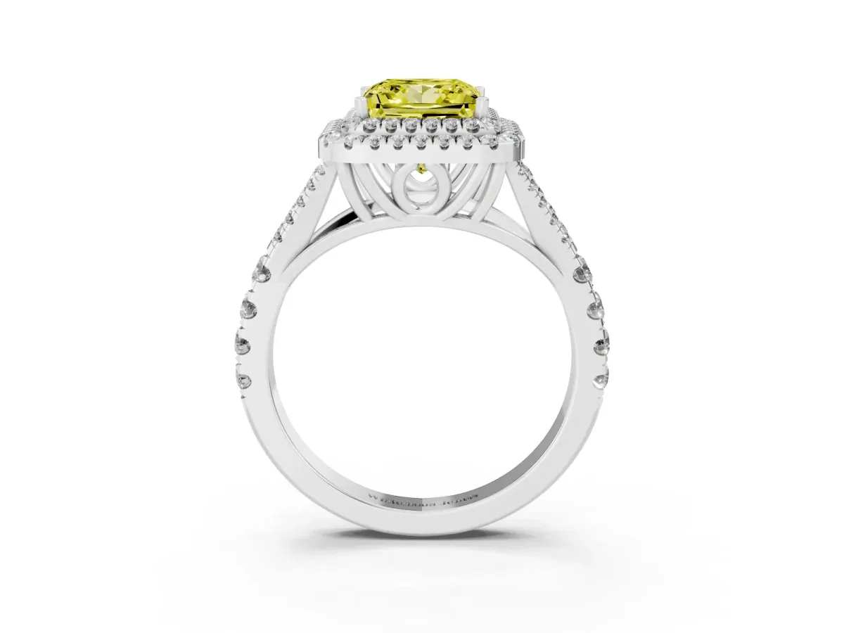 Fancy Yellow Princess Cut Diamond Double Halo Ring with Split Shank and Prong Setting Platinum