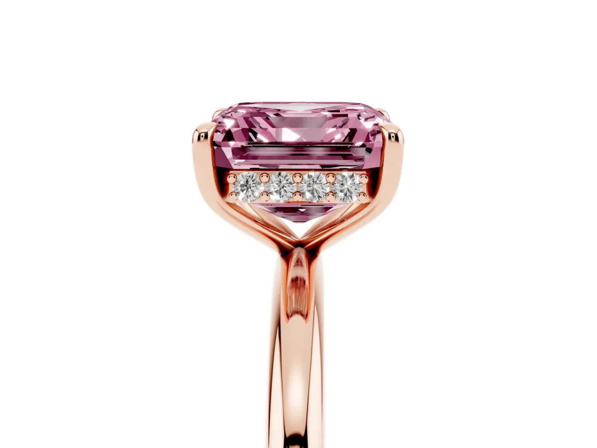 Fancy Pink Asscher Cut Diamond Solitaire Ring with Thin Band and Four-Prong Setting Rose gold
