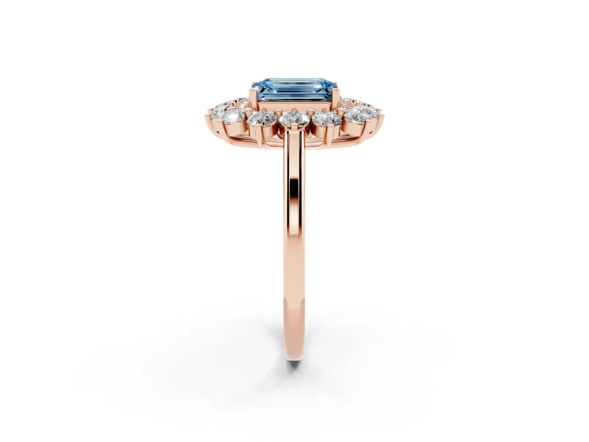 Fancy Blue Emerald Cut Diamond Floral Double Halo Engagement Ring with Prong Setting Rose gold