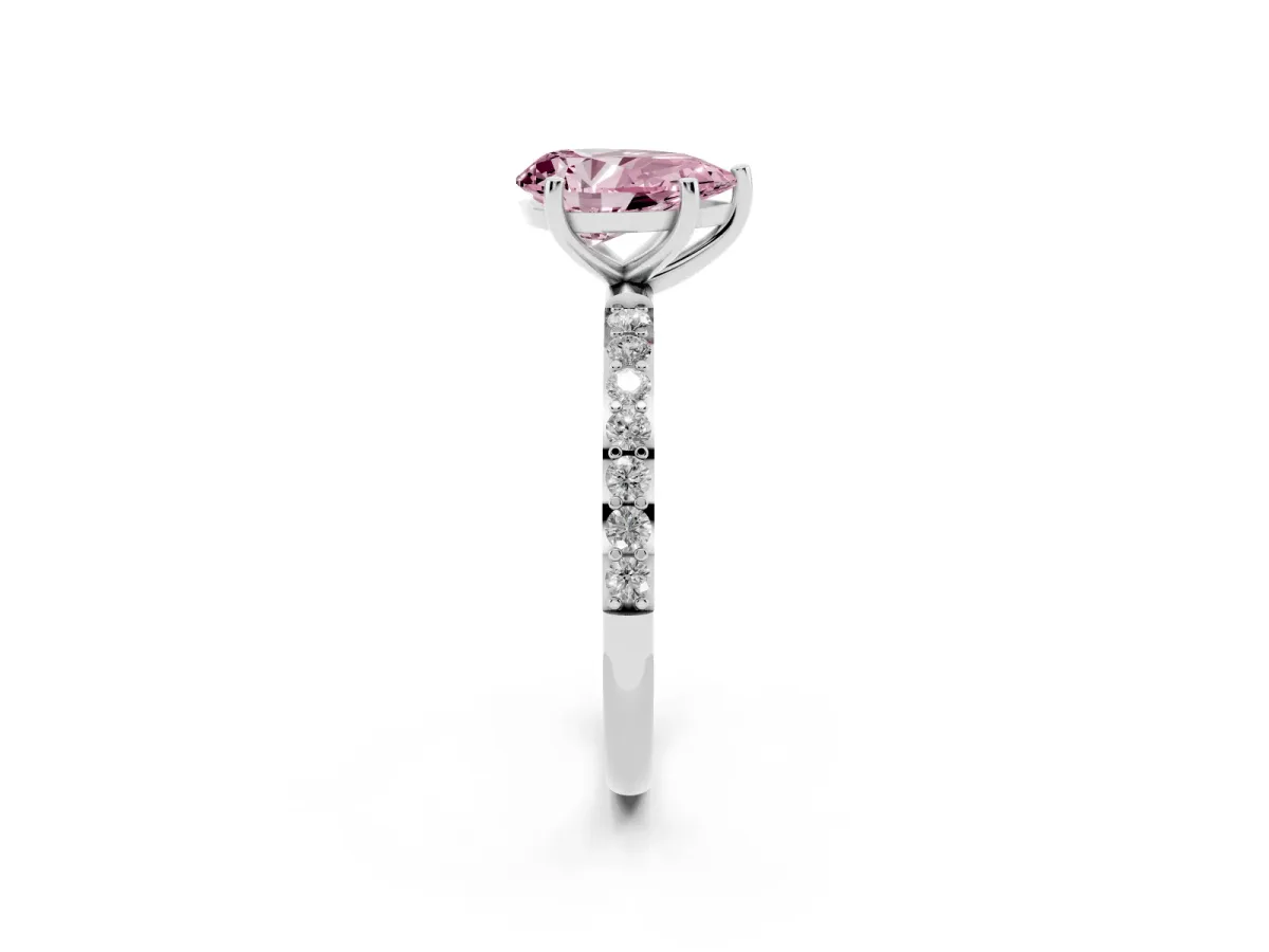 Fancy Pink Pear Cut Diamond Solitaire Ring with Round Pavé Shoulders and Prong Setting Silver