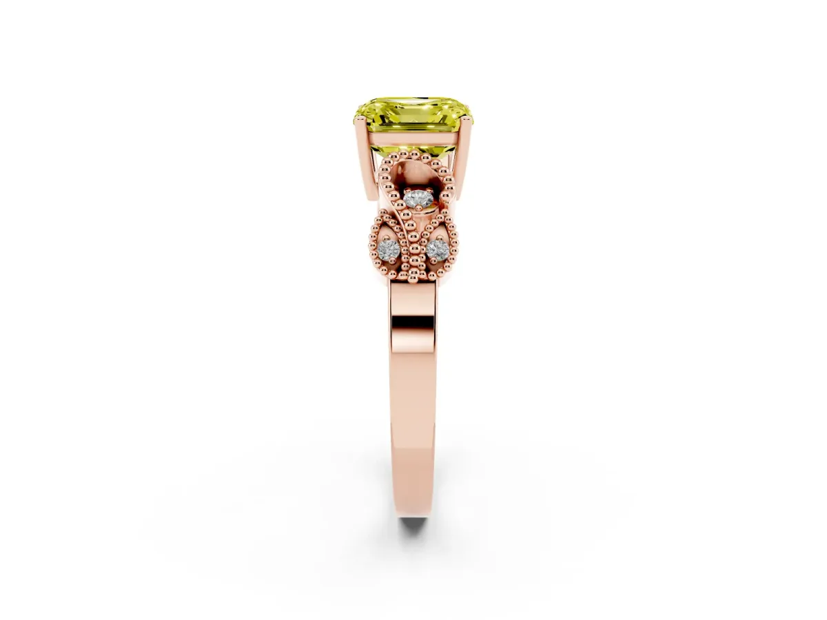 Fancy Yellow Asscher Cut Solitaire Milgrain Leaf Band with Prong Setting Rose gold