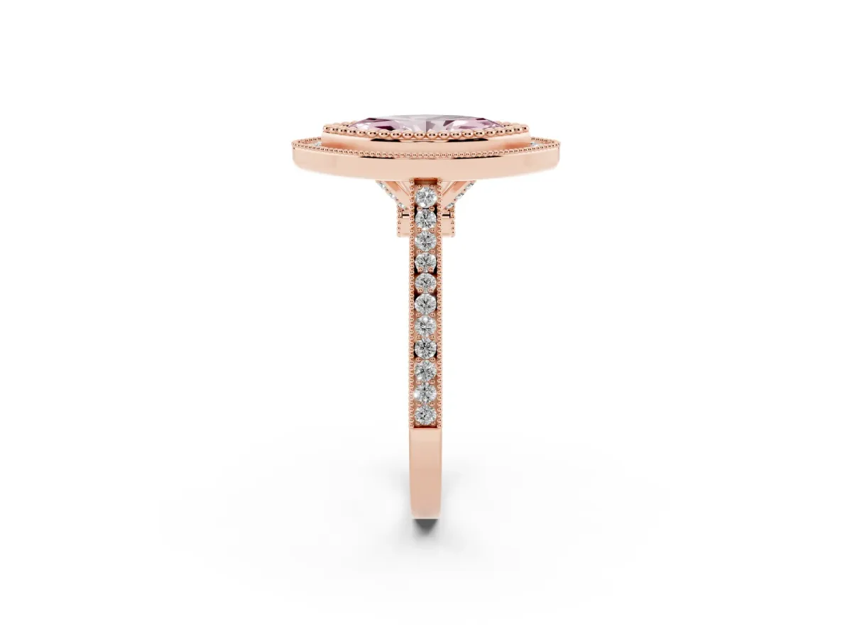 Fancy Pink Marquise Cut Diamond Halo Ring with Milgrain Frame and Pavé Band Rose gold