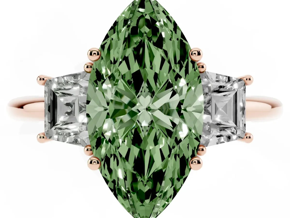 Fancy Green Marquise Cut Diamond Three-Stone Ring with Trapezoid Side Stones and Prong Setting Rose gold