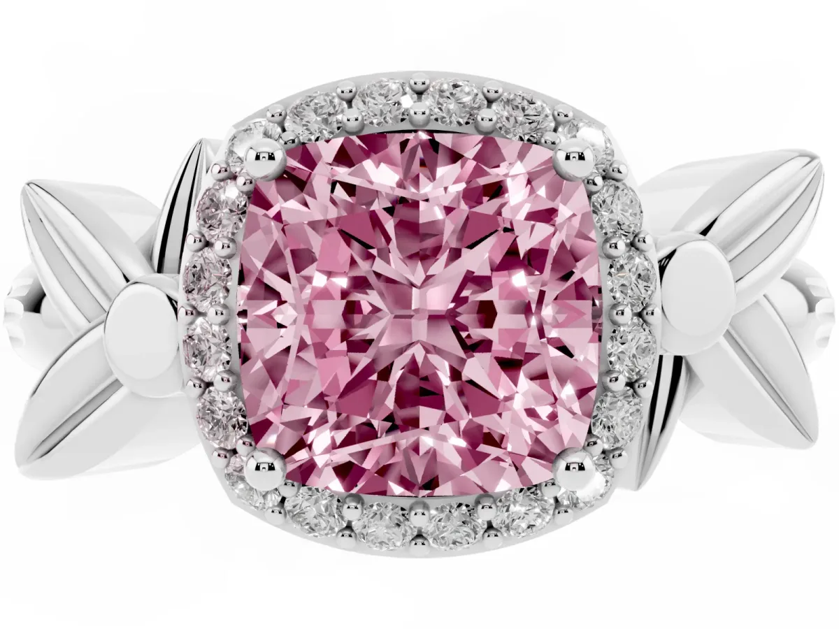 Fancy Pink Cushion Cut Halo Diamond Floral Band with Four-Prong Setting White gold