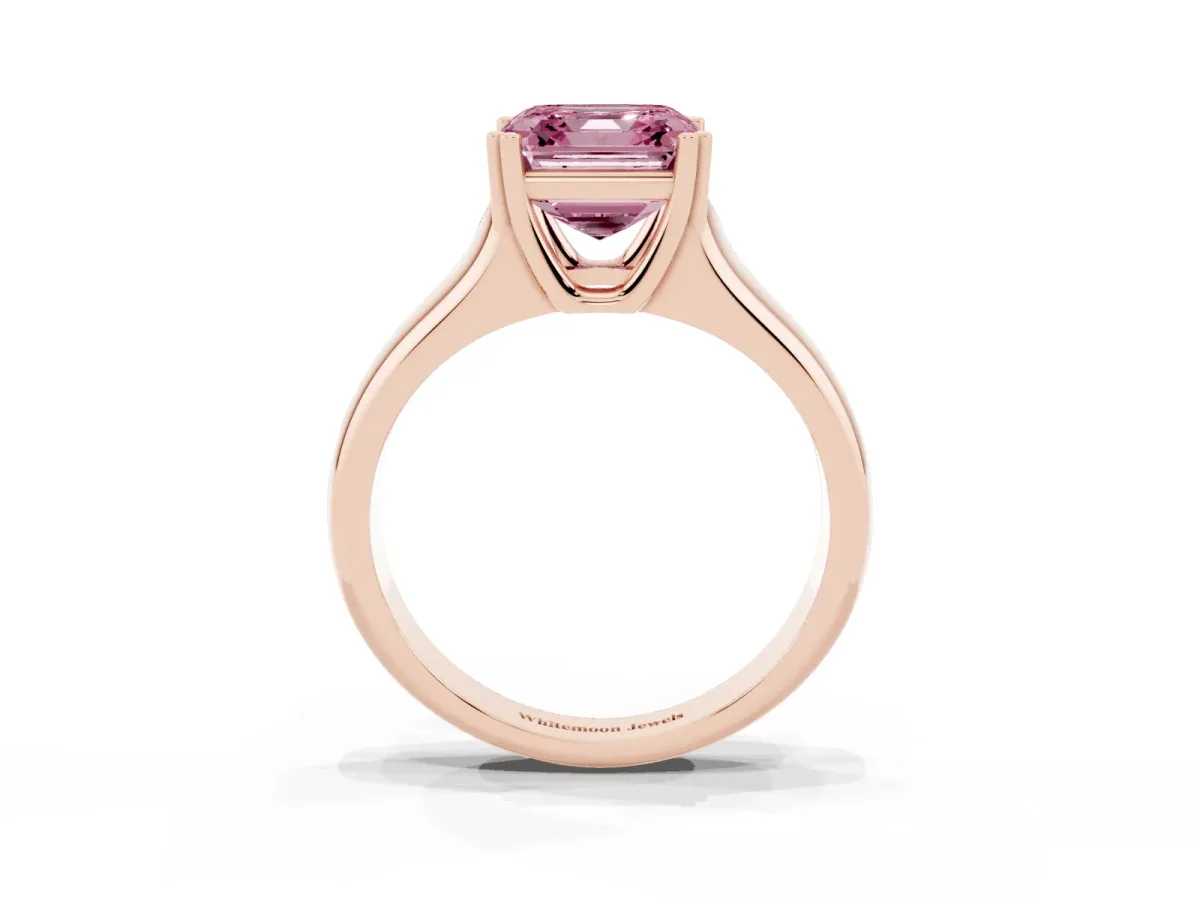 Fancy Pink Asscher Cut Diamond Solitaire Ring with Wide Band and Prong Setting Rose gold