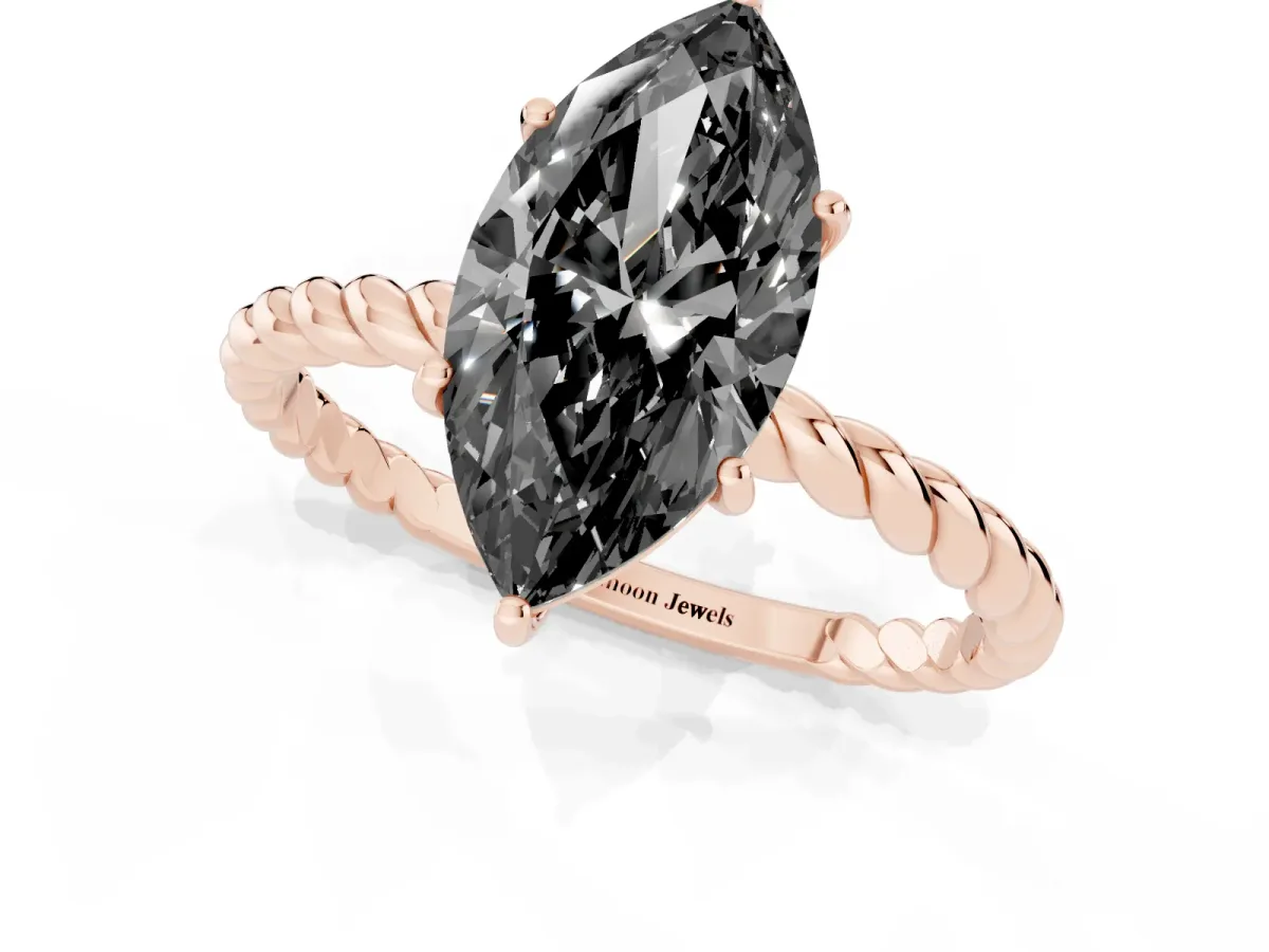 Fancy Black Marquise Cut Solitaire Twisted Band 4-Prong Ring Rose gold